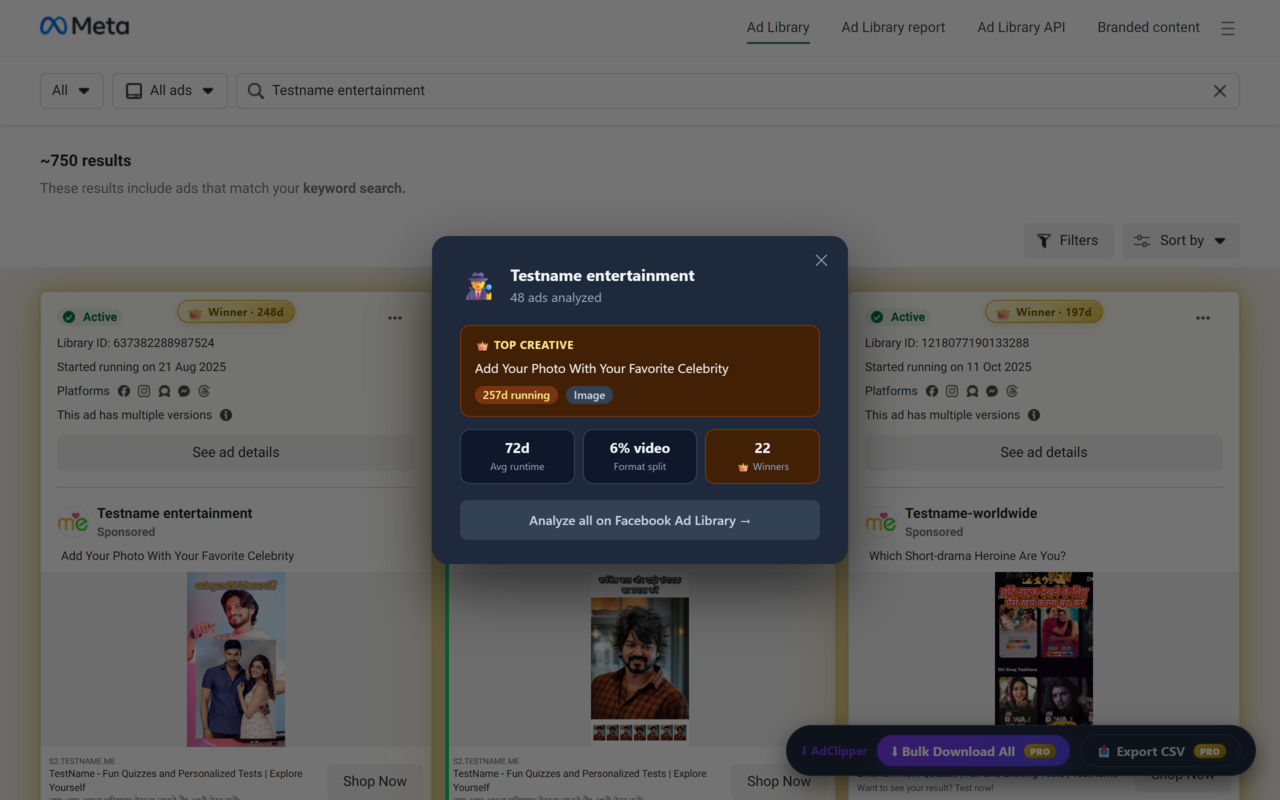 AdClipper Advertiser Intel modal showing avg runtime, format split, and winning creatives