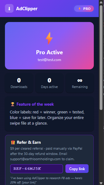 AdClipper Pro popup showing recent downloads, active features, and refer & earn card