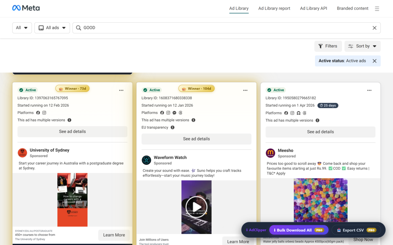 AdClipper highlighting winning Facebook ads with crowns and days-running badges